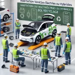 DALL·E 2024-10-03 11.27.30 - A modern training scenario for non-electricians focused on electric and hybrid vehicles. The image shows safety procedures around a hybrid or electric